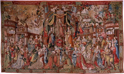 tapeçaria flamenga. Série As Honras. Justiça (La Justicia, Los Honores). Nona tapeçaria da série. Cartunistas modelo do círculo de Bernard van Orley e Jan Gossaert (Mabuse). Fabricação Pieter van Aelst, Bruxelas. Ca 1550. Tecido Ouro, prata,
