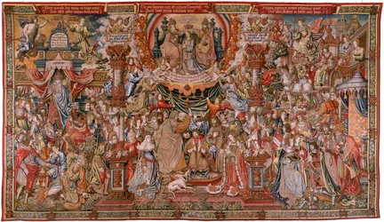 Tapeçaria flamenga. Série As Honras; Nobreza (La Nobleza). Quarta tapeçaria da série. Modelo de cartonistas do círculo de Bernard van Orley e Jan Gossaert (Mabuse). Manufactura Pieter van Aelst, Bruxelas. Cerca de 1550. Materiais: ouro, prata, seda e lã