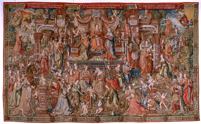 tapeçaria flamenga. Série As Honras; Prudência (La Prudencia). Sétima tapeçaria da série. Cartunistas modelo do círculo de Bernard van Orley e Jan Gossaert (Mabuse). Fabricação Pieter van Aelst, Bruxelas. Ca 1550. Tecido Ouro, prata, seda e w