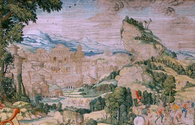Tapeçaria flamenga. Série A Paixão de Cristo. Queda a caminho do Calvário (Caída en el camino del Calvario). Segunda tapeçaria da série. Modelos Cartoonista Bernard van Orley. Fabrico Pieter de Pannemaker, Bruxelas. Ca 1518-1523. Tecido Ouro, prata,