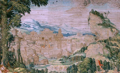 tapeçaria flamenga. Série A Paixão de Cristo. Queda a caminho do Calvário (Caída en el camino del Calvario). Segunda tapeçaria da série. Modelos Cartunista Bernard van Orley. Manufatura Pieter de Pannemaker, Bruxelas. Ca 1518-1523. Tecido Ouro, prata,