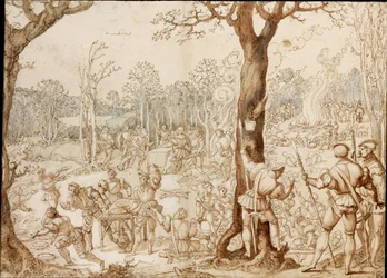 Partilhando o Jogo (cena de banquete na floresta, durante um dia de caça) - Obra de Bernaert van Orley (1488-1541) (Barend, Barent, Bernard van Brussel), tinta sobre papel (37,6x57,7)