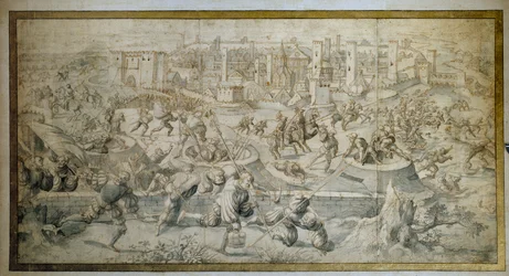 Sexta Guerra Italiana (1521-1526): "A Batalha de Pavia em 25 de fevereiro de 1525, saída da guarnição de Pavia e dos suíços" A Batalha de Pavia (Pavia) viu a derrota de François I contra Charles V. Drawing por Bernard Van Horley (1488-1541) 1525 Paris