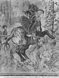 As Caçadas de Maximiliano, Capricórnio, A Caça ao Javali, detalhe de Maximiliano I 1459-1519 Fábrica de Gobelins, veja também 138999 foto de tapeçaria bw
