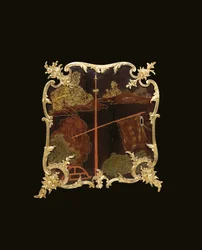 Cômoda Luís XV, c.1740 (preto chinês montado em ormolu, laca policromada e dourada, serpentina, mármore e vernis)