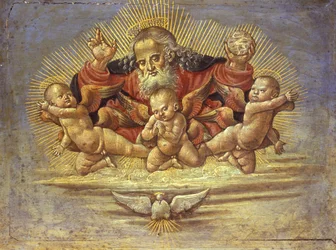 Parte de um Pedaço de Altar representando Deus Pai com Três Anjos, c.1500 (têmpera sobre madeira)