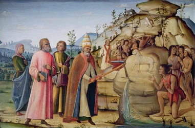 São Clemente golpeando a rocha por baixo do Cordeiro Santo (óleo sobre linho sobre painel)