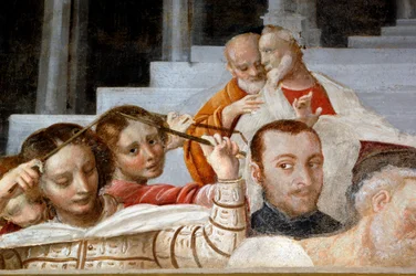 Figuras masculinas e femininas, detalhe do Ciclo da Virgem (1553), afresco de Bernardino Lanino (1512-1583), sacristia inferior na Catedral de Novara, Piemonte, Itália
