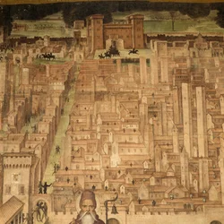 Santo Antônio e vista de Pavia, detalhe do ciclo Histórias de São Teodoro, afrescos de Bernardino Lanzani (1460-1530 ca), Igreja de São Teodoro, Pavia, Lombardia, Itália