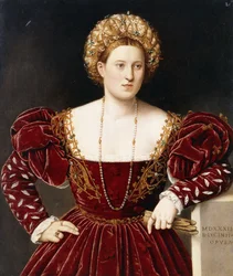 Retrato de uma senhora, de três quartos, em um vestido cor de vinho com mangas cortadas, segurando luvas,