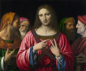 "Le christ et les docteurs de la loi" Peinture de Bernardino Luini (1481-1532), vers 1515-1530 Dim 72,4x85,7 cm Londres, National Gallery - Luini, Bernardino (ca. 1480-1532) Christ among the Doctors Oil on wood c. 1520 National Gallery, London 72,4x85,7
