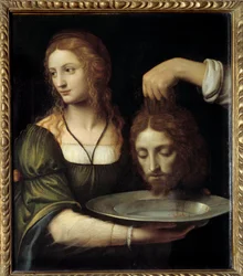 Salomé recebendo a cabeça de São João Batista Salomé é oferecida em uma bandeja a cabeça descolada de São João Batista que ela exigiu durante o banquete de Herodes Antipas e Herodiade. Pintura de Bernardino de Scapis conhecido como Bernardino Luini (14