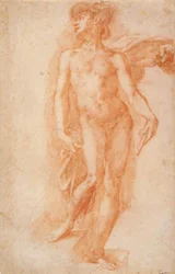 Mercúrio vestido com uma túnica foda em pé em uma escada