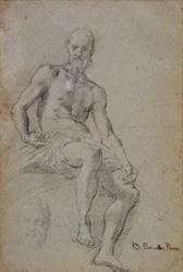 Homem sentado seminu; no canto inferior direito um estudo fraco para sua cabeça