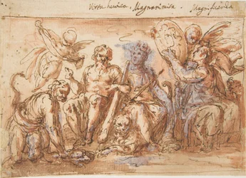 Figuras alegóricas: Força, Hércules estrangulando a Hidra, Abundância e Fama, 1600-1650.