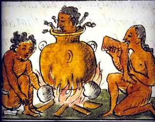 Canibalismo ritual entre os astecas. Manuscrito de Bernardino de Sahagún. Século XVII. Pormenor de COS00778.