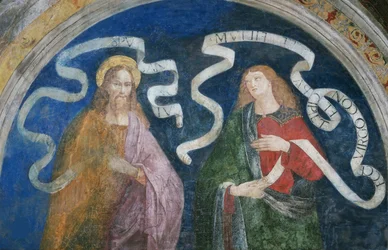 O Apóstolo André e o Profeta Isaías - O Apóstolo André e o Profeta Isaías, de Pinturicchio, Bernardino, Oficina de (1454-1513). Fresco