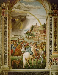Eneias Silvius Piccolomini, secretário do cardeal Capranica, chega a Talamone a caminho do Concílio de Basileia (fresco)