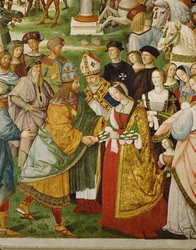Eneias Silvius Piccolomini, então bispo de Siena, apresenta o imperador Frederico III à sua noiva, Eleanor de Portugal (fresco)
