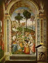Eneias Silvius Piccolomini, então bispo de Siena, apresenta o imperador Frederico III à sua noiva, Eleanor de Portugal (fresco)