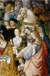 Enee Silvio Piccolomini apresentando Eleonore de Portugal ao Imperador Frederico III do Santo Império na Porta de Camollia em Siena", detalhe (fresco)