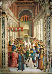 Itália, Siena, Catedral, Biblioteca Piccolomini, Coroação do Papa Pio II, pormenor das Histórias de Pio II