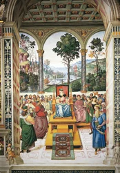 Itália, Siena, Catedral, Biblioteca Piccolomini, Enea Silvio Piccolomini discursando perante o Rei James I da Escócia, detalhe de Histórias de Pio II