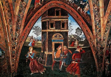 Martírio de Santa Bárbara, de Bernardino Pinturicchio (ca. 1452-1513), afresco, Sala dos Santos, Apartamentos Borgia, Palácio Apostólico, Cidade do Vaticano, Itália.