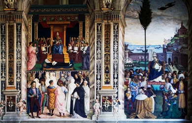 Pio II chegando a Ancona para iniciar a cruzada (século XVI), afresco de Pinturicchio (1452-1513), Biblioteca Piccolomini, Catedral de Siena, Toscana, Itália