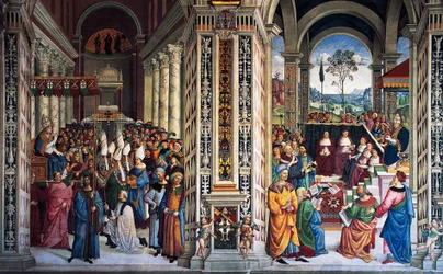 Pio II chegando a Ancona para iniciar a cruzada (século XVI), afresco de Pinturicchio (1452-1513), Biblioteca Piccolomini, Catedral de Siena, Toscana, Itália