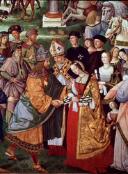 O poeta Enee Silvio Piccolomini apresenta Eleonore de Portugal ao Imperador Frederico III do Santo Império na Porta de Camollia. Pormenor da Vida do Papa Pio II (Fresco