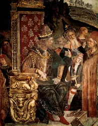 A disputa de Santa Catarina de Alexandria com filósofos perante o Imperador Romano Maximian Hércules, detalhe de Cesare Borgia