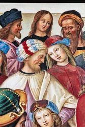 A Biblioteca Piccolomini, parede nordeste: “Aeneas Sylvius faz um discurso perante o rei James I da Escócia, inverno de 1435”