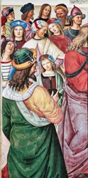 A Biblioteca Piccolomini, parede nordeste: “Aeneas Sylvius faz um discurso perante o rei James I da Escócia, inverno de 1435”