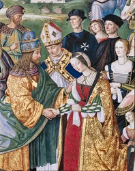 A Biblioteca Piccolomini, muro sudeste: "Aeneas Sylvius apresenta Eleonora de Aragona a Frederick III, 24 de Fevereiro