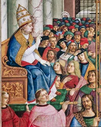 A Biblioteca Piccolomini, muro sudoeste: "Enéas Sylvius, papa eleito com o nome de Pio II, entra na de São Pedro, 3 de Setembro