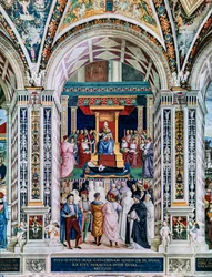 A Biblioteca Piccolomini, parede sudoeste: “ Pio II canoniza Santa Catarina de Sena, 29 de junho