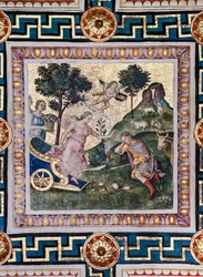 A Biblioteca Piccolomini, o tecto: "The Rape of Proserpina", fresco de Bernardino di Betto, conhecido como Pinturicchio. No painel, Plutão apressa-se na sua carruagem, Prosérpina tordo nos seus braços e um dos companheiros da deusa ameaça Plutão.