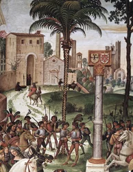 O bispo Eneto Silvio Piccolomini (Pio II) apresenta Eleonora de Aragonto Imperador Frederico III do Santo Império. Detalhe - Fresco