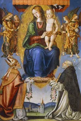 Madonna e Child com St Severino e Dominic (tempera sobre tela)