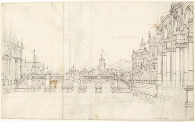 Um capricho de palácios e uma galeria de frente para uma ponte clássica