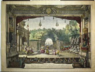 Bailado O turco generoso de As Índias galantes de Jean-Philippe Rameau - no Burgtheater de Viena por Bernardo Bellotto (Bellotti) (1720-1780)