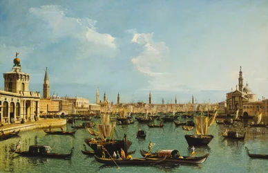 A bacia de São Marcos, Veneza, vista do Canal da Giudecca, com a Dogana, o Molo, a Riva degli Schiavoni, a igreja de San Giorgio Maggiore e numerosos barcos