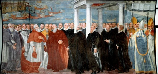 o Doge de Genes Giacomo Durazzo Grimaldi (cerca de 1503-1579) recebe o Cardeal Giovanni Morone no porto de Genes Fresco por Bernardo Castello (1557-1629) Genes do século XVI, Museo di Sant 