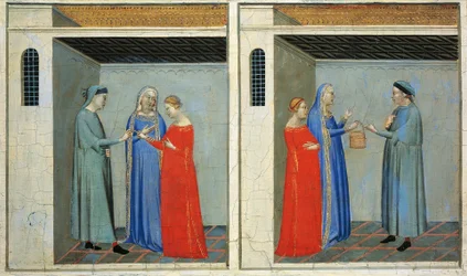 Predella com Histórias de Sacra Cintola: casamento de Michael a receber dote de Sacra Cintola, de Bernardo Daddi (1290-1348)