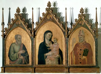 Tríptico de Todos os Santos ou Madonna com Criança entre São Mateus Evangelista e São Nicolau de Bari - Tempera em painel