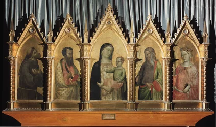 Virgem e criança com os santos Francisco, Bartolomeu, São João e Santa Catarina de Alexandria - tempera no painel