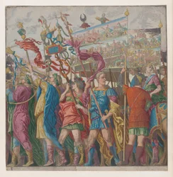 Folha 1: Soldados carregando bandeiras representando as façanhas militares triunfantes de Júlio César,..., 1599.