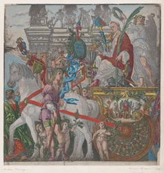 Folha 9: Júlio César em sua carruagem puxada por cavalos, de O Triunfo de Júlio César, 1599.