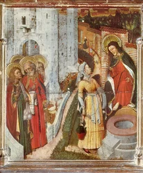 Jesus e a mulher samaritana, detalhe de Transfiguration Altarpiece, cerca de 1445 (pintura sobre madeira)